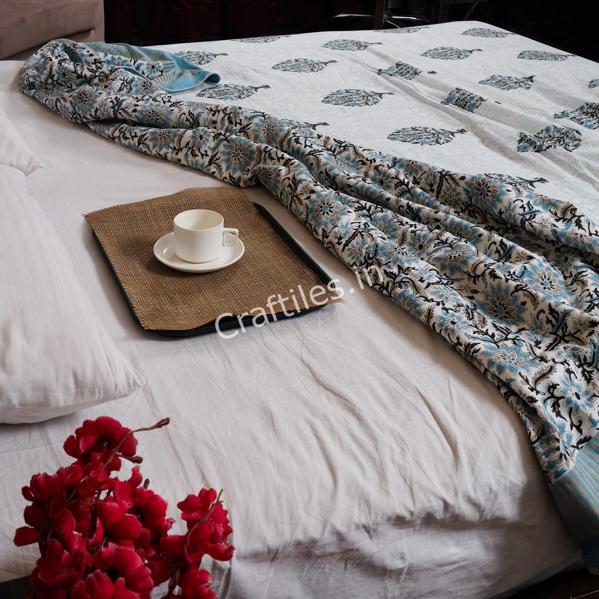 Craftiles – DH1051 Paan Handblock Printed Reversible Dohar By Jaipur Dharohar – Blue