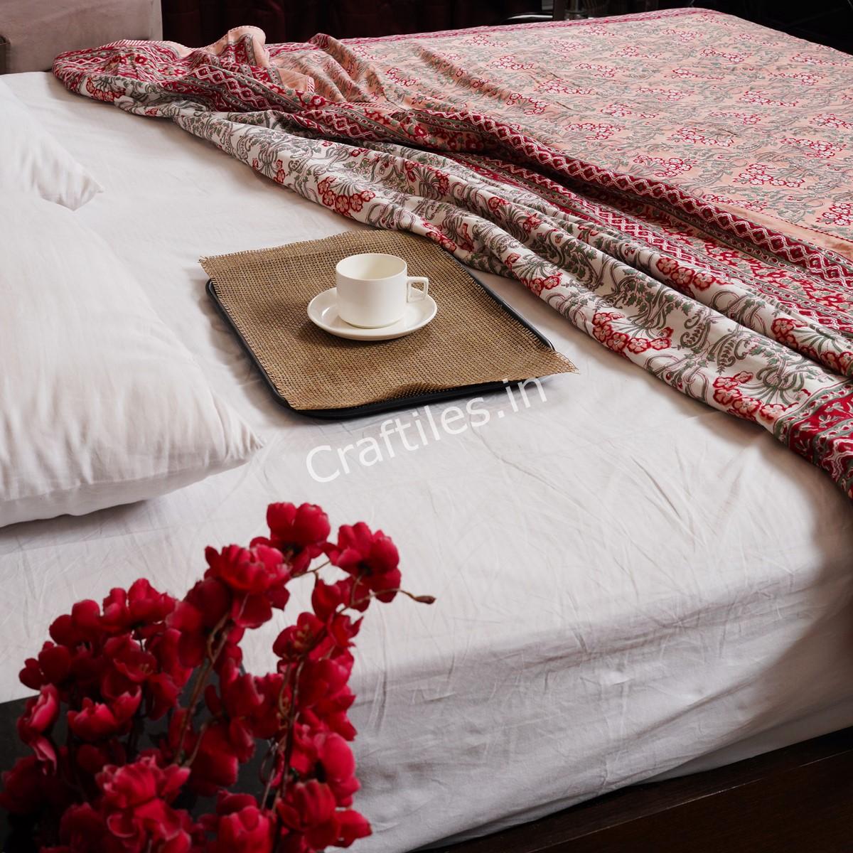 Craftiles – DH1042 Blossom Handblock Printed Reversible Dohar By Jaipur Dharohar – Red