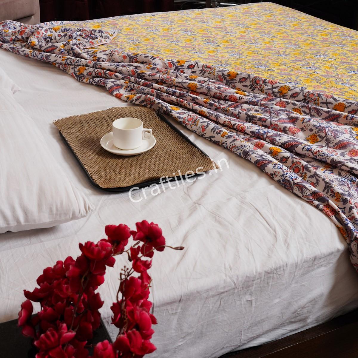 Craftiles – DH1135 Multi flower Handblock Printed Reversible Dohar By Jaipur Dharohar – Yellow