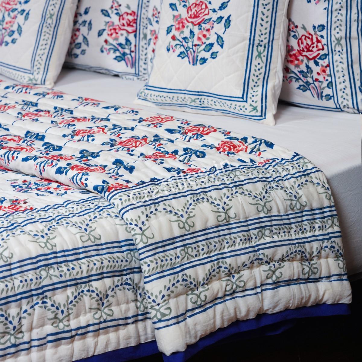 Craftiles - QL1030 Roseland Jaipuri Handblock Printed Reversible Jaipuri Quilt by Jaipurdharohar - Red