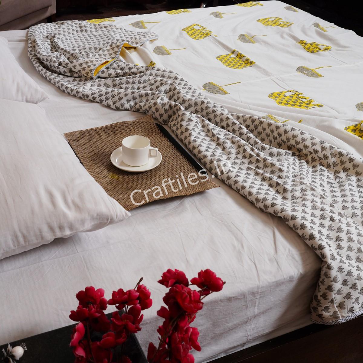 Craftiles – DH1117 Elephant Handblock Printed Reversible Dohar By Jaipur Dharohar – Yellow