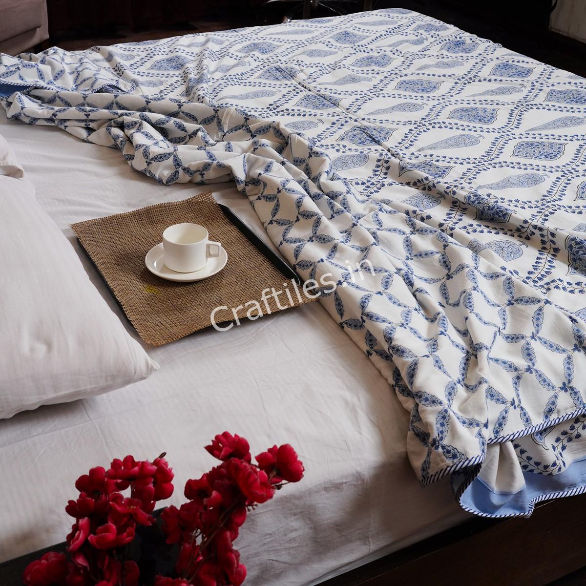 Craftiles – DH1125 Amber Handblock Printed Reversible Dohar By Jaipur Dharohar – Blue