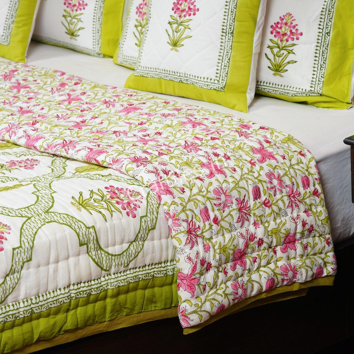 Craftiles - QL1128 Flower Pot Jaipuri Handblock Printed Reversible Jaipuri Quilt by Jaipurdharohar - Green
