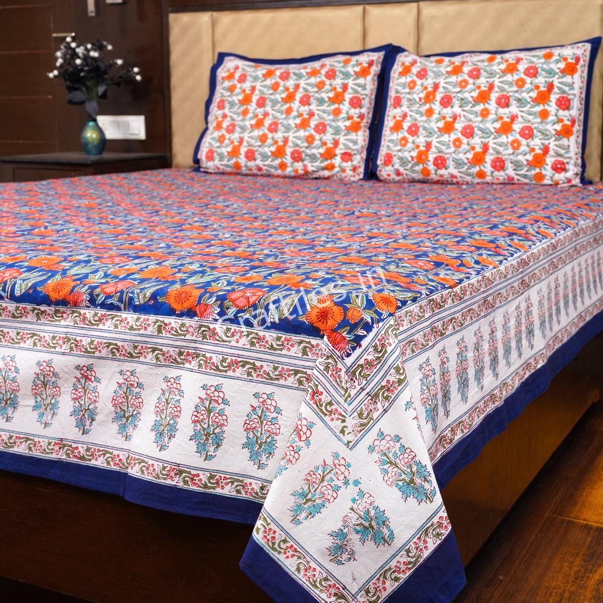 Craftiles - BD1001 Rose Jaipuri Handblock Printed Jaipuri Bedsheet with 2 Pillow Covers by Jaipurdharohar - Blue
