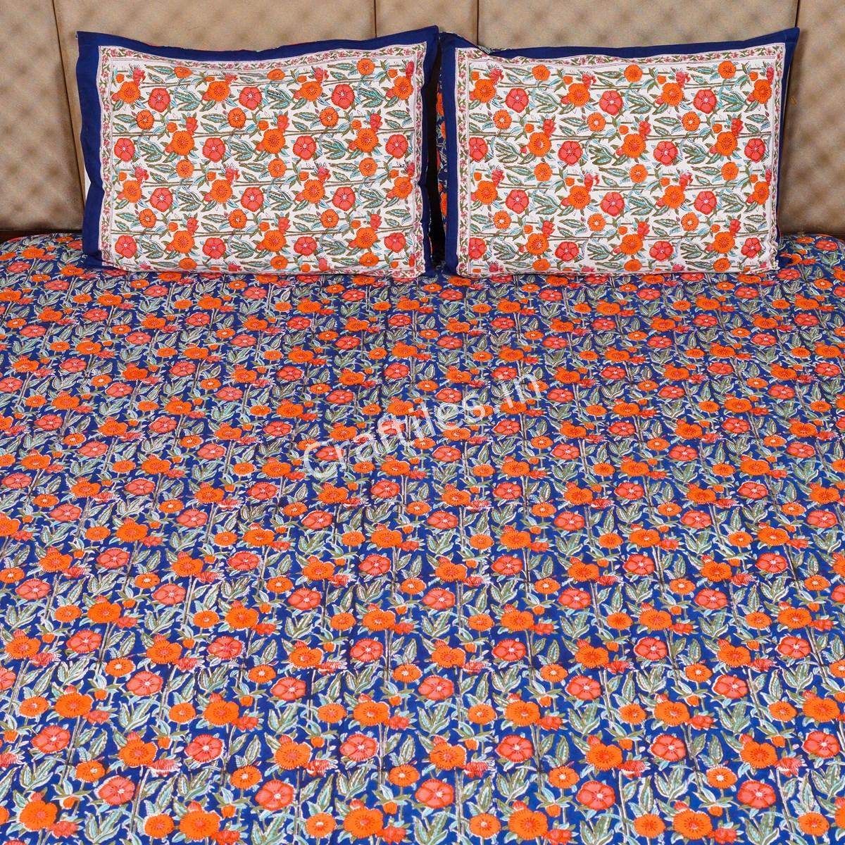 Craftiles - BD1001 Rose Jaipuri Handblock Printed Jaipuri Bedsheet with 2 Pillow Covers by Jaipurdharohar - Blue