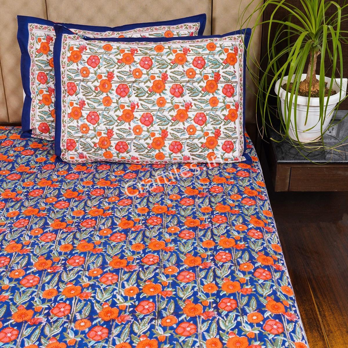 Craftiles - Rose Jaipuri Handblock Printed Jaipuri Bedsheet with 2 Pillow Covers by Jaipurdharohar - Blue - Image 3