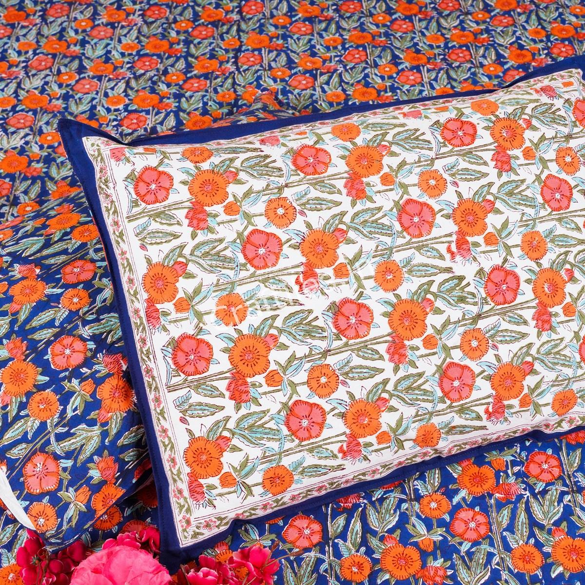Craftiles - BD1001 Rose Jaipuri Handblock Printed Jaipuri Bedsheet with 2 Pillow Covers by Jaipurdharohar - Blue