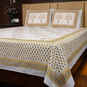 Craftiles® BD1031 Golden Tree Jaipuri Handblock Printed Cotton Bedsheet with 2 Pillow Covers by Jaipur Dharohar - Yellow