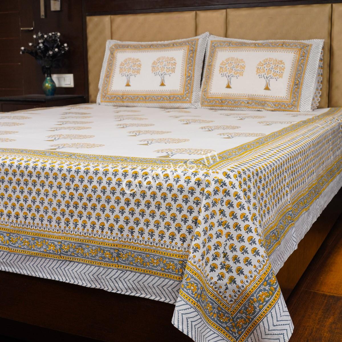 Craftiles® BD1031 Golden Tree Jaipuri Handblock Printed Cotton Bedsheet with 2 Pillow Covers by Jaipur Dharohar - Yellow