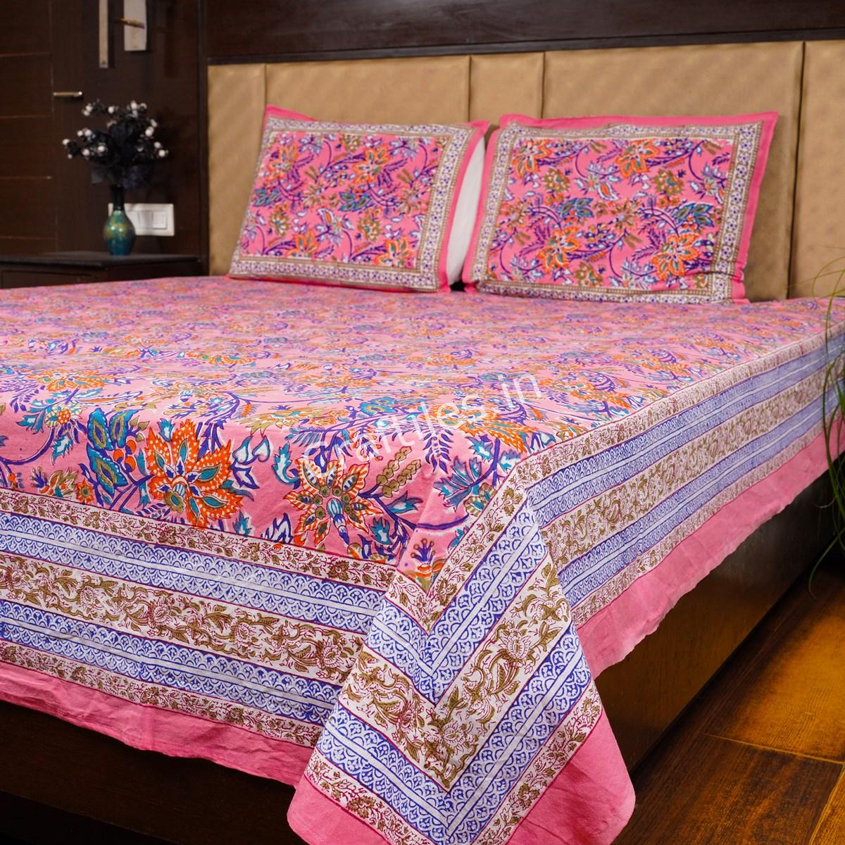 Craftiles® BD1115 Pinkcity Jaipuri Handblock Printed Cotton Bedsheet with 2 Pillow Covers by Jaipur Dharohar - Pink