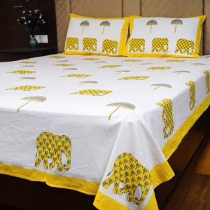 Craftiles® BD1117 Elephant Boota Jaipuri Handblock Printed Cotton Bedsheet with 2 Pillow Covers by Jaipur Dharohar - Yellow