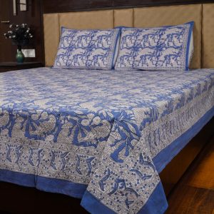 Craftiles® BD1118 Parrot Boota Jaipuri Handblock Printed Cotton Bedsheet with 2 Pillow Covers by Jaipur Dharohar - Blue