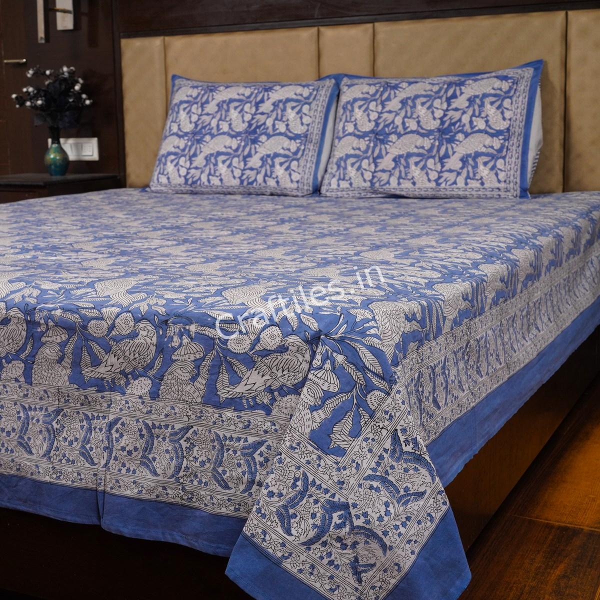 Craftiles® BD1118 Parrot Boota Jaipuri Handblock Printed Cotton Bedsheet with 2 Pillow Covers by Jaipur Dharohar - Blue