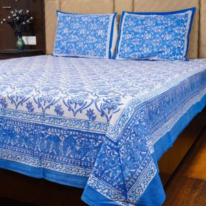 Craftiles® BD1023 Danim Jaipuri Handblock Printed Cotton Bedsheet with 2 Pillow Covers by Jaipur Dharohar - Blue