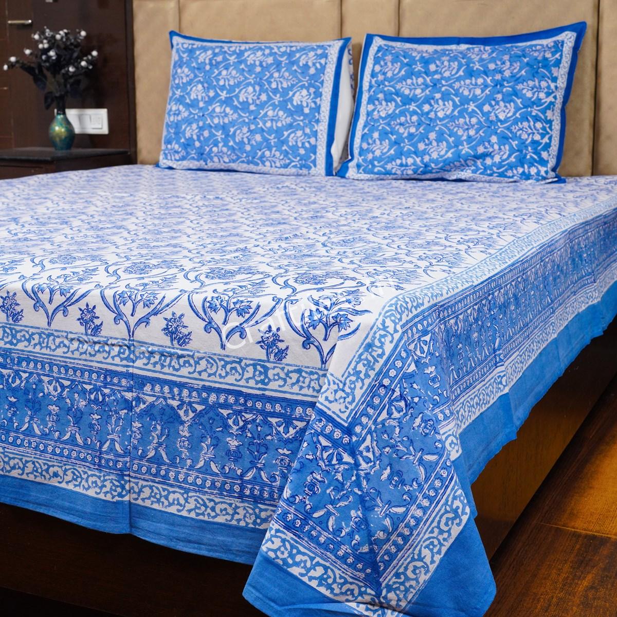 Craftiles® BD1023 Danim Jaipuri Handblock Printed Cotton Bedsheet with 2 Pillow Covers by Jaipur Dharohar - Blue