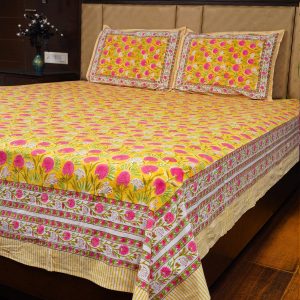 Craftiles® BD1064 Kashyap Jaipuri Handblock Printed Cotton Bedsheet with 2 Pillow Covers by Jaipur Dharohar - Yellow