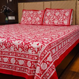 Craftiles® BD1110 Umed Jaipuri Handblock Printed Cotton Bedsheet with 2 Pillow Covers by Jaipur Dharohar - Red