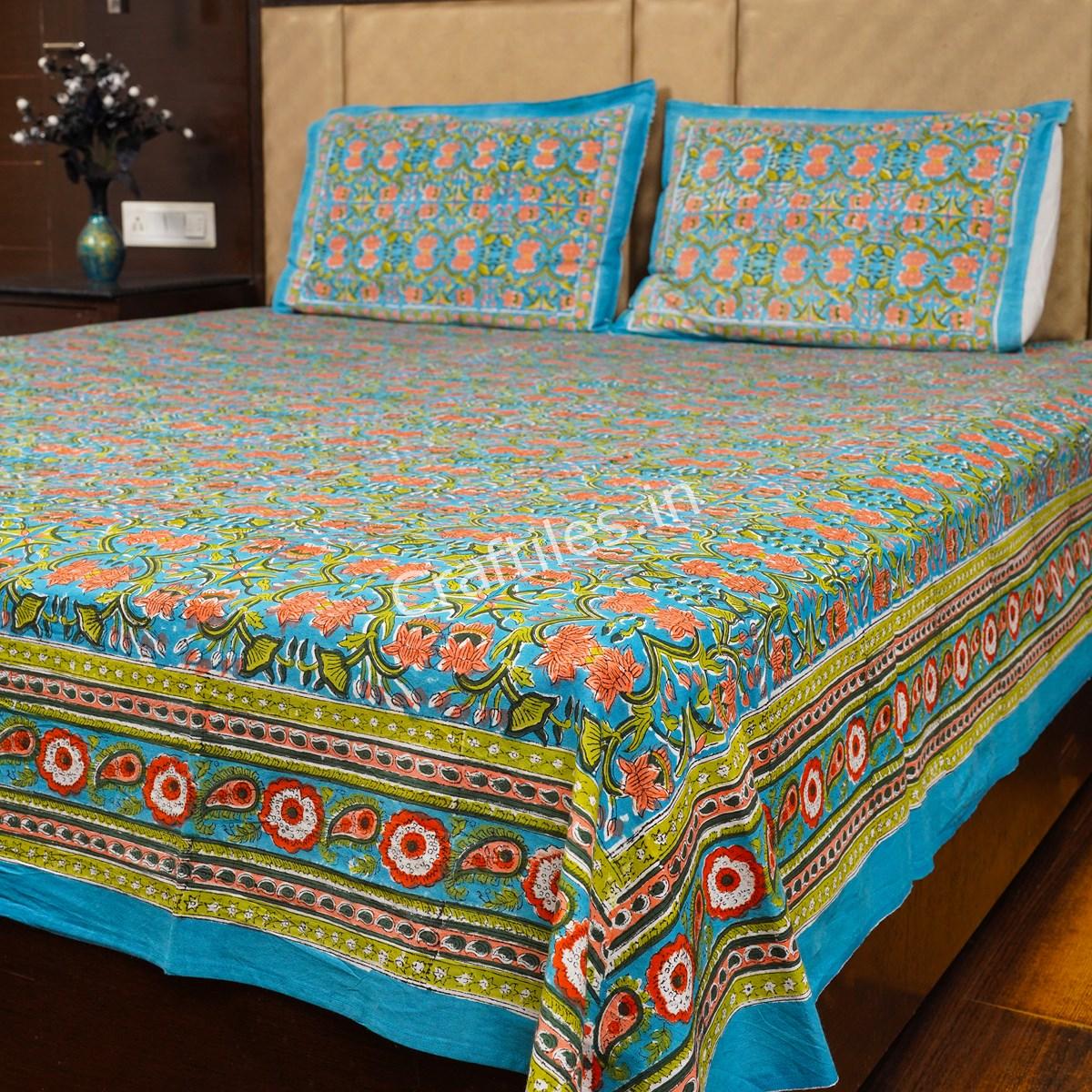 Craftiles® BD1112 Lotus Jaipuri Handblock Printed Cotton Bedsheet with 2 Pillow Covers by Jaipur Dharohar - Green