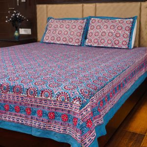 Craftiles® BD1113 Chakri Jaipuri Handblock Printed Cotton Bedsheet with 2 Pillow Covers by Jaipur Dharohar - Blue