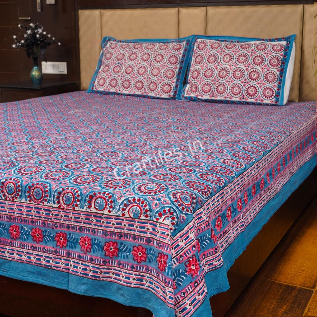 Craftiles® BD1113 Chakri Jaipuri Handblock Printed Cotton Bedsheet with 2 Pillow Covers by Jaipur Dharohar - Blue