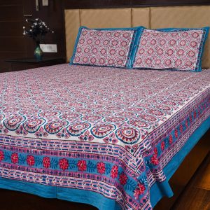 Craftiles® BD1113R Chakri Jaipuri Handblock Printed Cotton Bedsheet with 2 Pillow Covers by Jaipur Dharohar - Blue