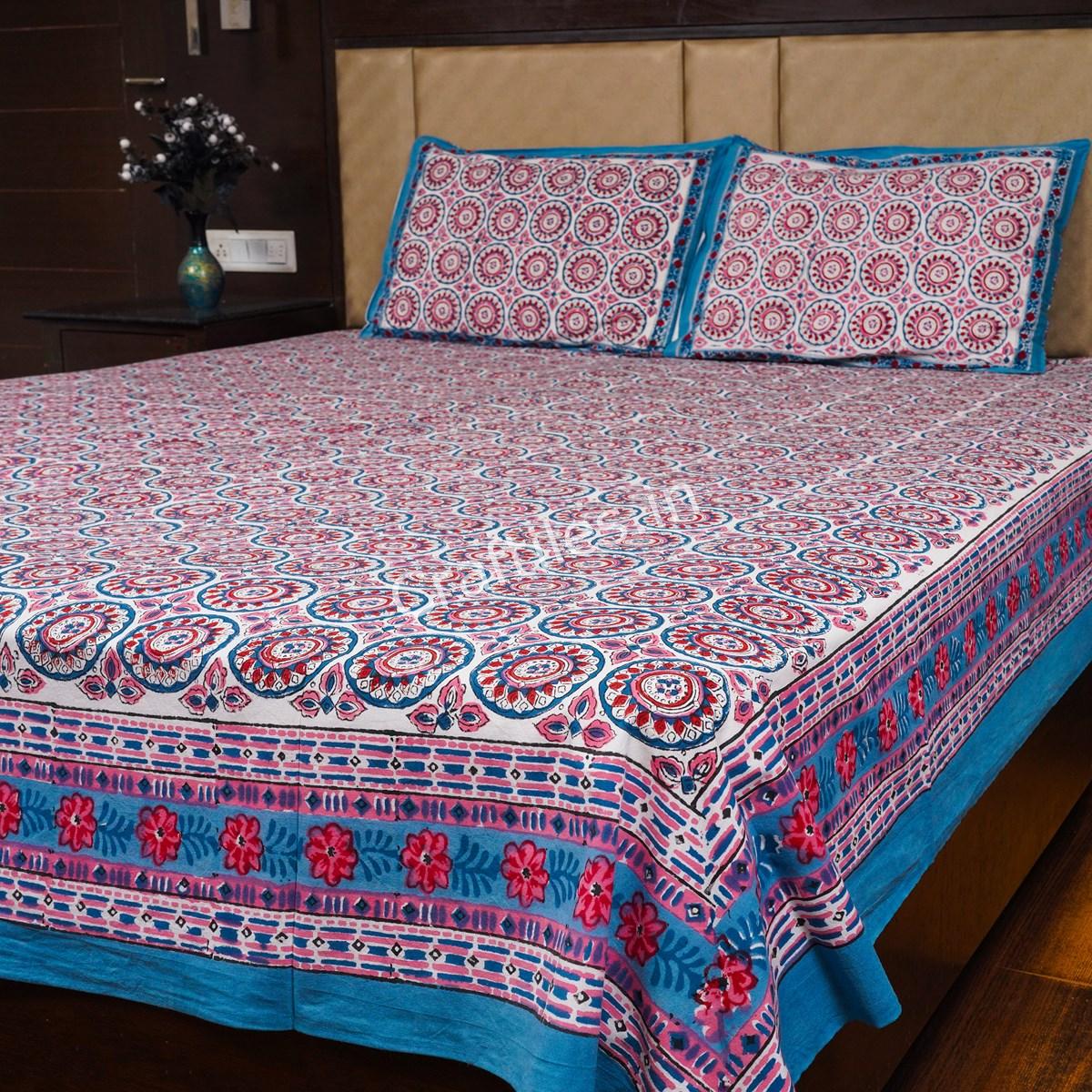 Craftiles® BD1113R Chakri Jaipuri Handblock Printed Cotton Bedsheet with 2 Pillow Covers by Jaipur Dharohar - Blue