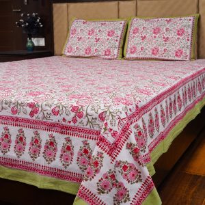 Craftiles® BD1114R Birla Jaipuri Handblock Printed Cotton Bedsheet with 2 Pillow Covers by Jaipur Dharohar - Green