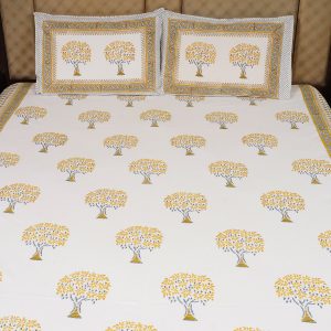 Craftiles® BD1031 Golden Tree Jaipuri Handblock Printed Cotton Bedsheet with 2 Pillow Covers by Jaipur Dharohar - Yellow