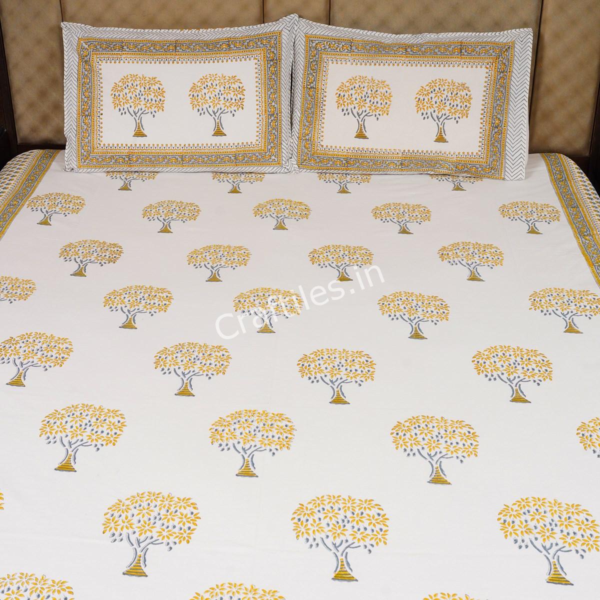 Craftiles® BD1031 Golden Tree Jaipuri Handblock Printed Cotton Bedsheet with 2 Pillow Covers by Jaipur Dharohar - Yellow