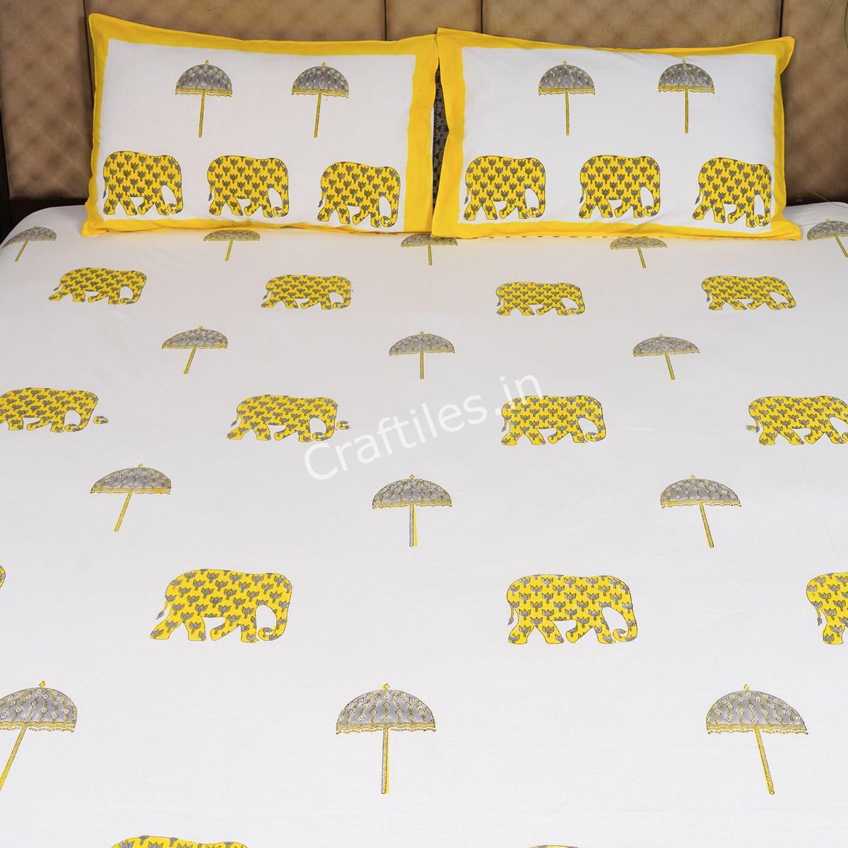 Craftiles® BD1117 Elephant Boota Jaipuri Handblock Printed Cotton Bedsheet with 2 Pillow Covers by Jaipur Dharohar - Yellow