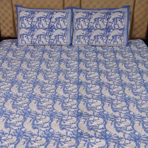 Craftiles® BD1118 Parrot Boota Jaipuri Handblock Printed Cotton Bedsheet with 2 Pillow Covers by Jaipur Dharohar - Blue