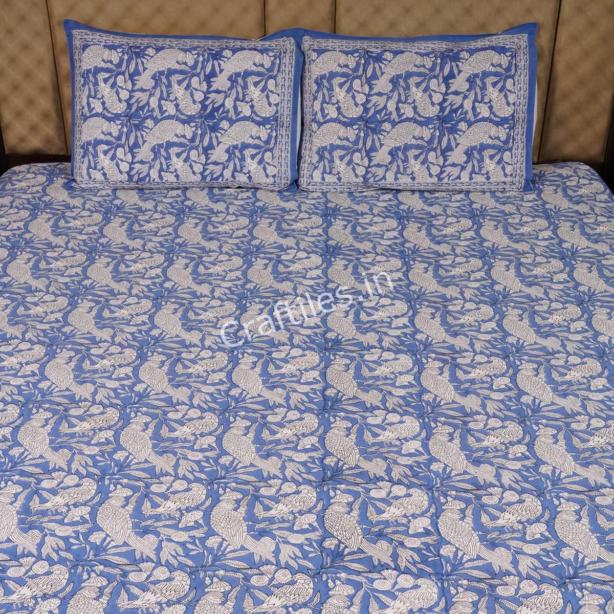 Craftiles® BD1118 Parrot Boota Jaipuri Handblock Printed Cotton Bedsheet with 2 Pillow Covers by Jaipur Dharohar - Blue