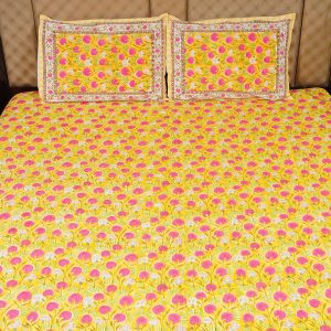 Craftiles® BD1064 Kashyap Jaipuri Handblock Printed Cotton Bedsheet with 2 Pillow Covers by Jaipur Dharohar - Yellow