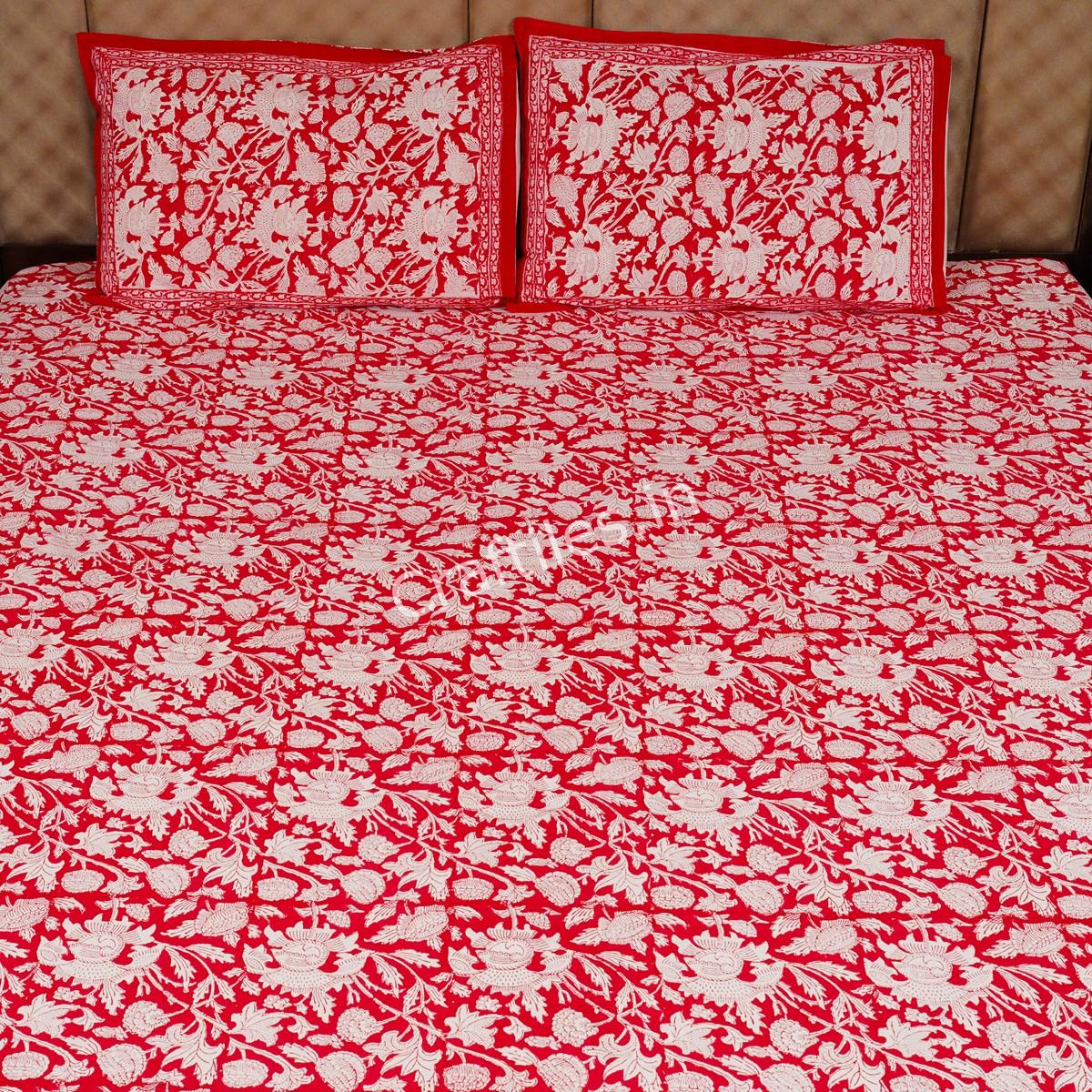 Craftiles® BD1110 Umed Jaipuri Handblock Printed Cotton Bedsheet with 2 Pillow Covers by Jaipur Dharohar - Red