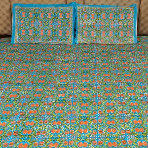 Craftiles® BD1112 Lotus Jaipuri Handblock Printed Cotton Bedsheet with 2 Pillow Covers by Jaipur Dharohar - Green