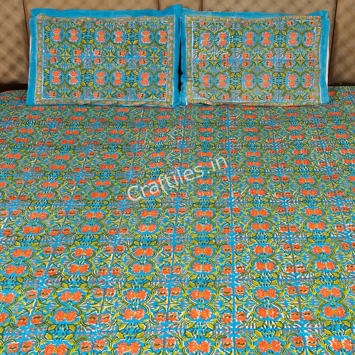 Craftiles® BD1112 Lotus Jaipuri Handblock Printed Cotton Bedsheet with 2 Pillow Covers by Jaipur Dharohar - Green