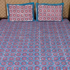 Craftiles® BD1113 Chakri Jaipuri Handblock Printed Cotton Bedsheet with 2 Pillow Covers by Jaipur Dharohar - Blue