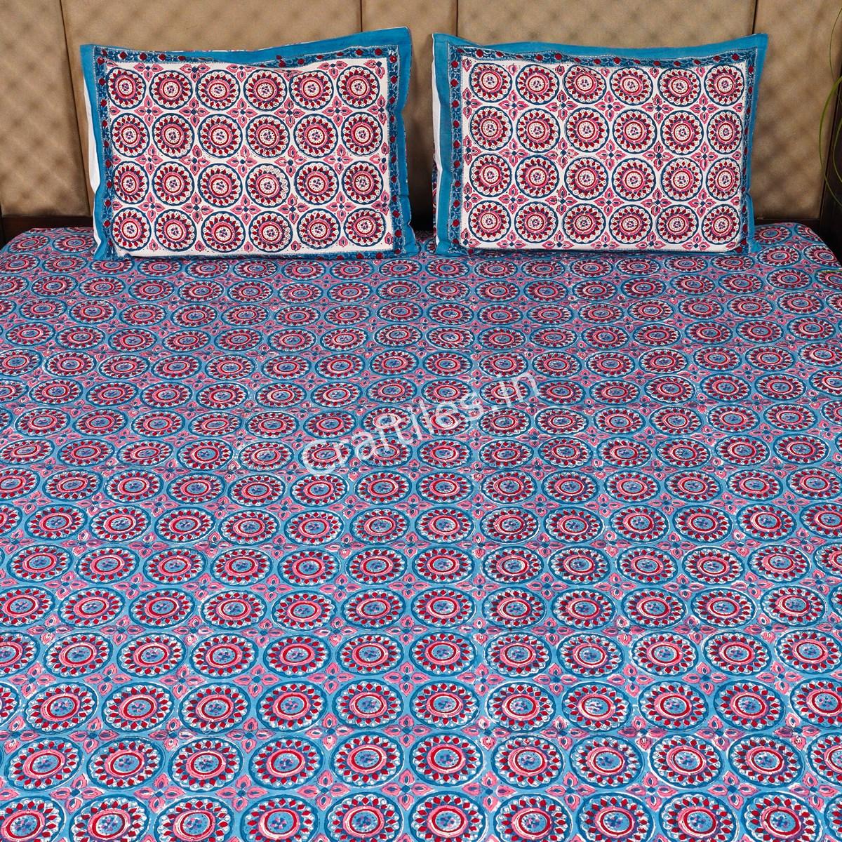 Craftiles® BD1113 Chakri Jaipuri Handblock Printed Cotton Bedsheet with 2 Pillow Covers by Jaipur Dharohar - Blue