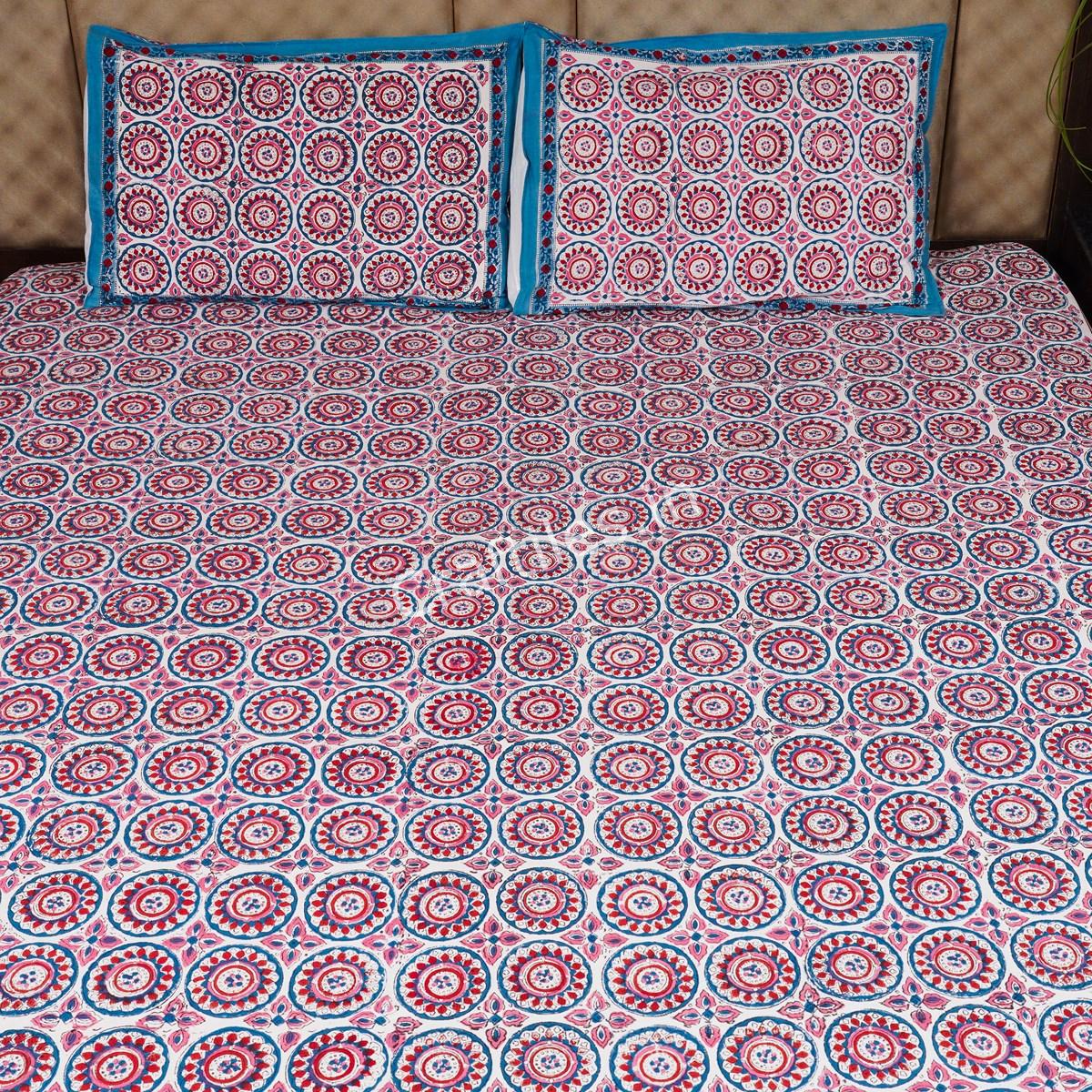 Craftiles®Chakri Jaipuri Handblock Printed Cotton Bedsheet with 2 Pillow Covers by Jaipur Dharohar - Blue - Image 2