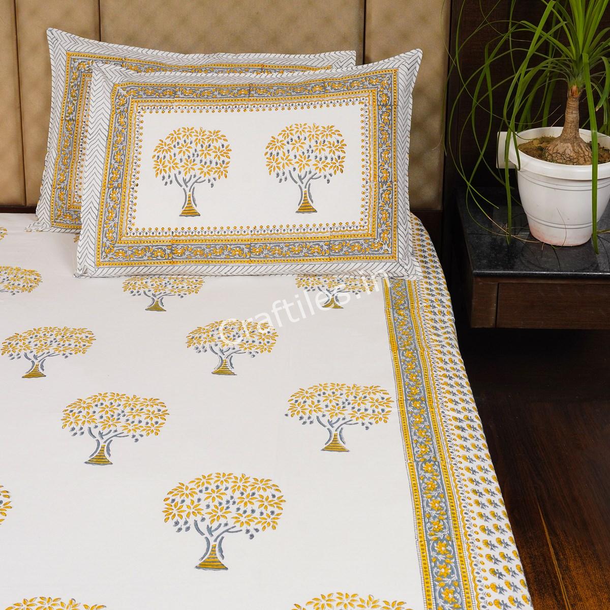 Craftiles® Golden Tree Jaipuri Handblock Printed Cotton Bedsheet with 2 Pillow Covers by Jaipur Dharohar - Yellow - Image 3