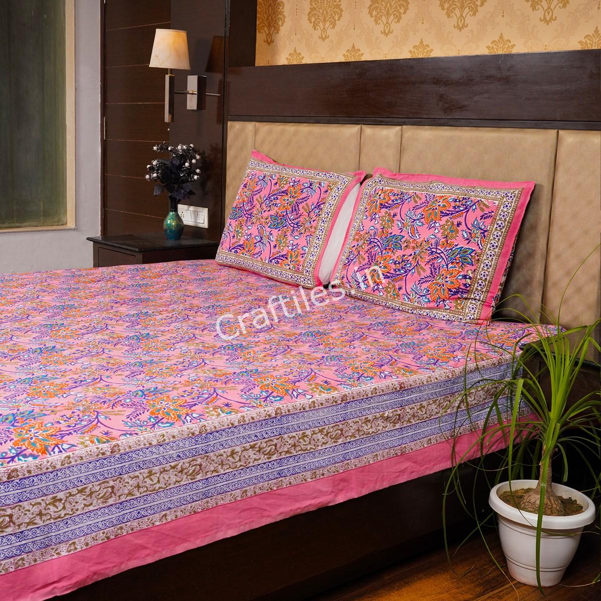 Craftiles®Pinkcity Jaipuri Handblock Printed Cotton Bedsheet with 2 Pillow Covers by Jaipur Dharohar - Pink - Image 3