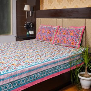 Craftiles® BD1115R Pinkcity Jaipuri Handblock Printed Cotton Bedsheet with 2 Pillow Covers by Jaipur Dharohar - Pink