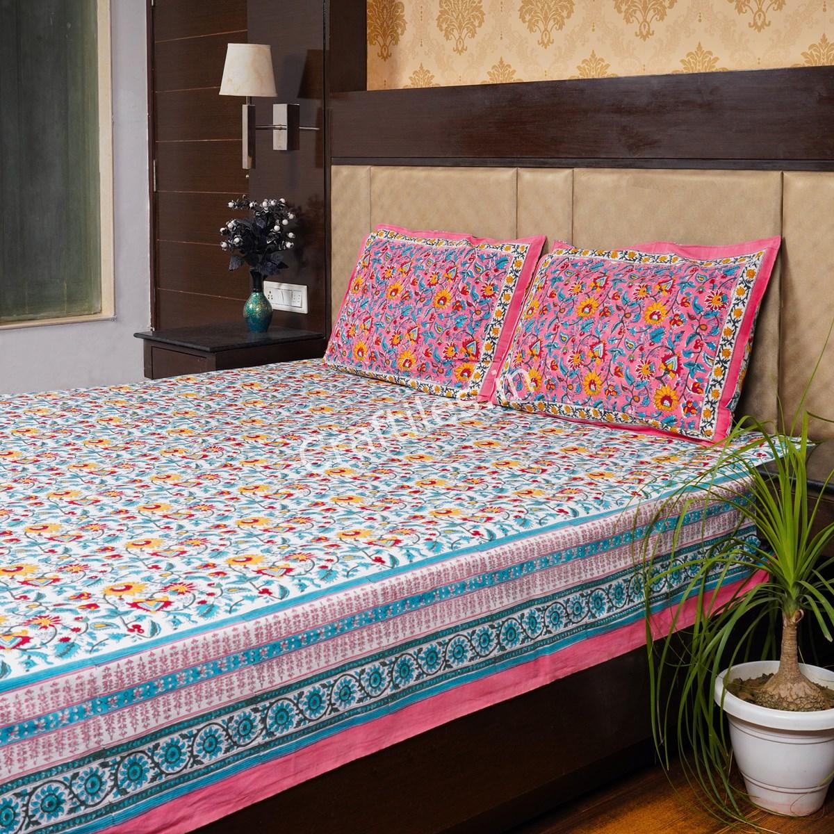Craftiles® BD1115R Pinkcity Jaipuri Handblock Printed Cotton Bedsheet with 2 Pillow Covers by Jaipur Dharohar - Pink