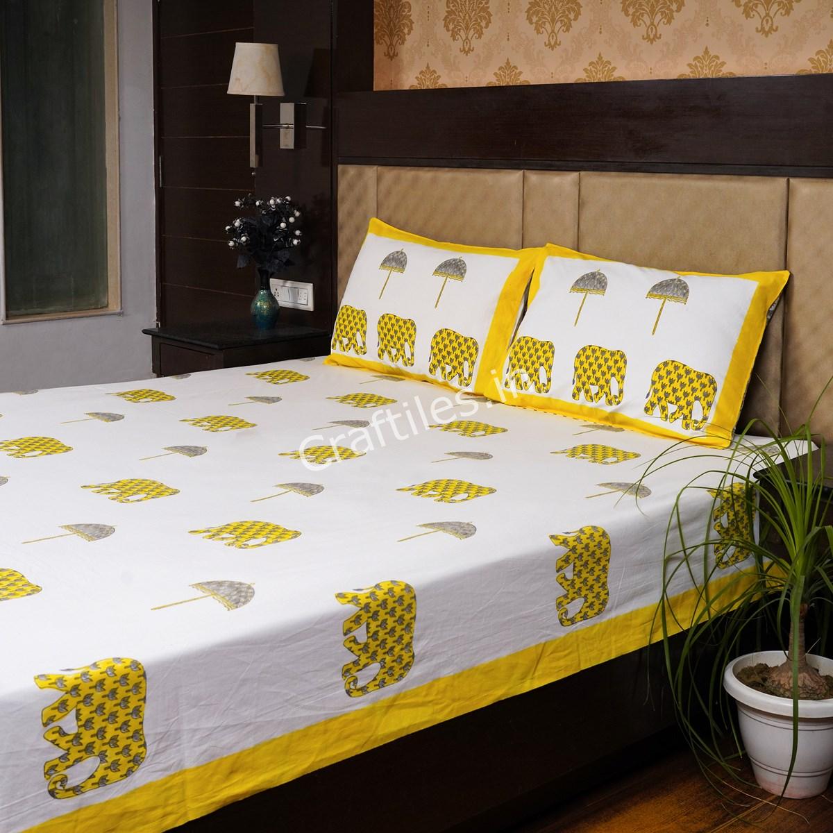 Craftiles® Elephant Boota Jaipuri Handblock Printed Cotton Bedsheet with 2 Pillow Covers by Jaipur Dharohar - Yellow - Image 3