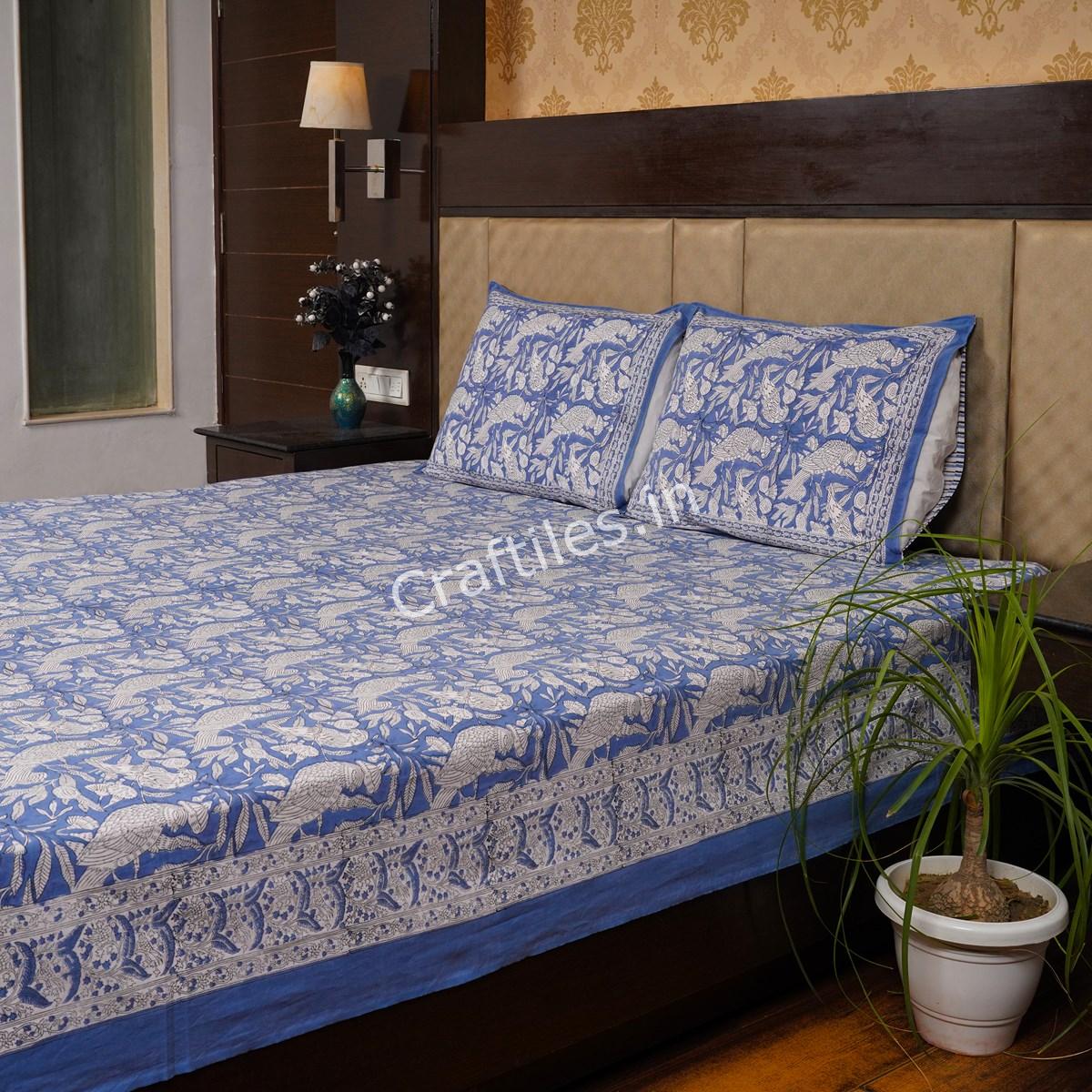 Craftiles® Parrot Boota Jaipuri Handblock Printed Cotton Bedsheet with 2 Pillow Covers by Jaipur Dharohar - Blue - Image 3
