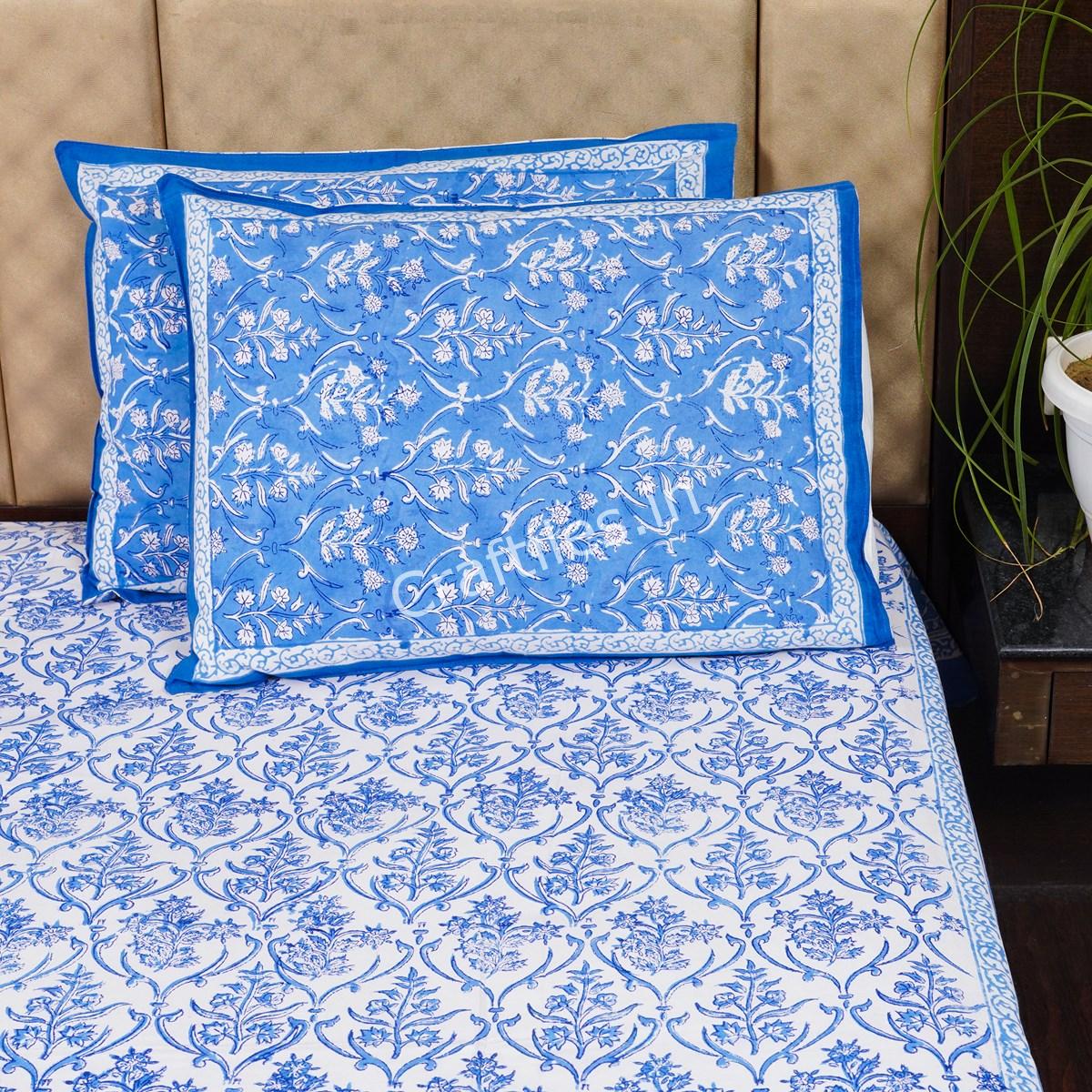 Craftiles® Denim Jaipuri Handblock Printed Cotton Bedsheet with 2 Pillow Covers by Jaipur Dharohar - Blue - Image 3