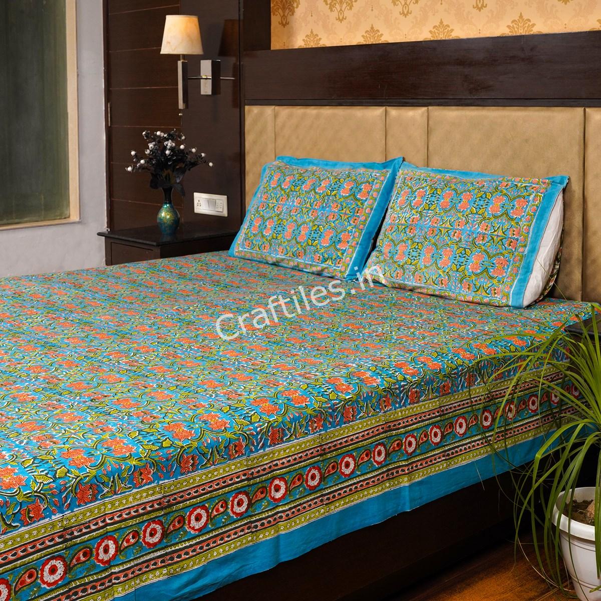 Craftiles® Lotus Jaipuri Handblock Printed Cotton Bedsheet with 2 Pillow Covers by Jaipur Dharohar - Green - Image 3