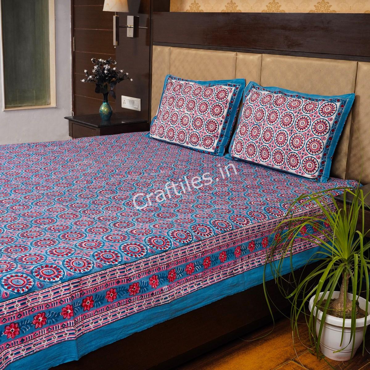 Craftiles® Chakri Jaipuri Handblock Printed Cotton Bedsheet with 2 Pillow Covers by Jaipur Dharohar - Blue - Image 3