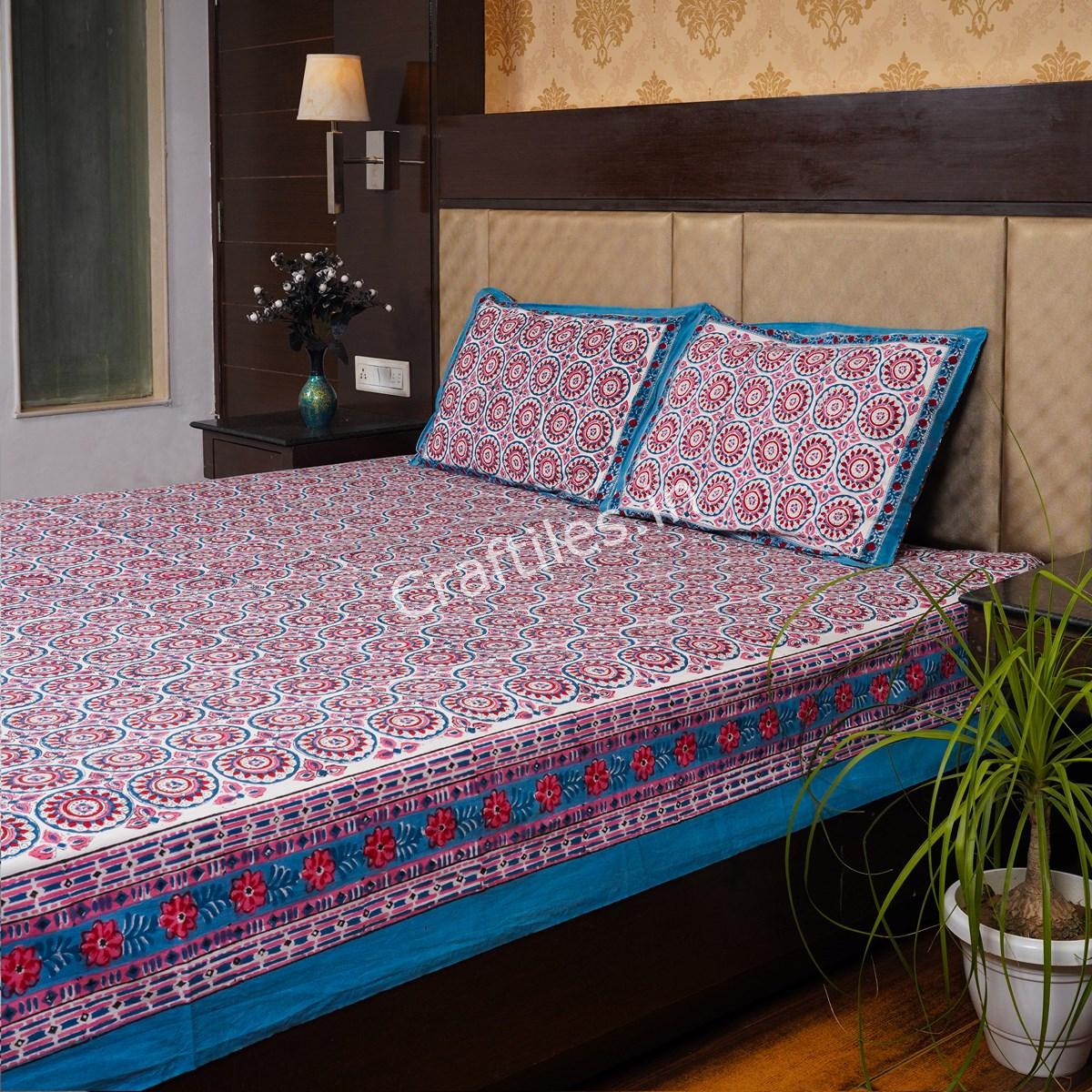 Craftiles®Chakri Jaipuri Handblock Printed Cotton Bedsheet with 2 Pillow Covers by Jaipur Dharohar - Blue - Image 3