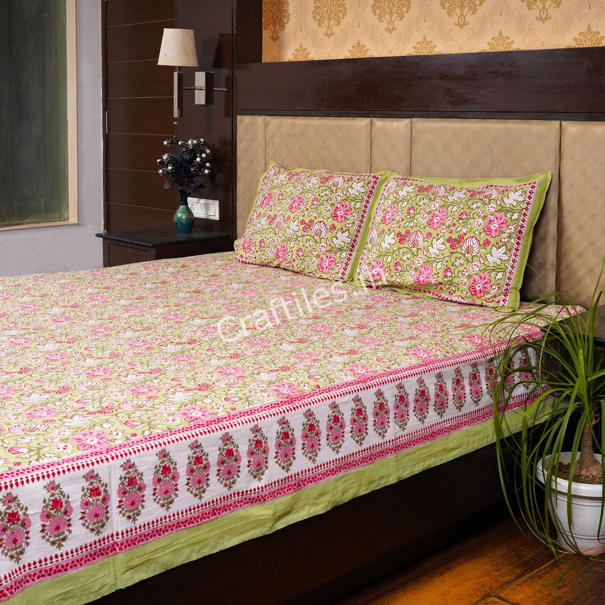 Craftiles® Birla Jaipuri Handblock Printed Cotton Bedsheet with 2 Pillow Covers by Jaipur Dharohar - Green - Image 3